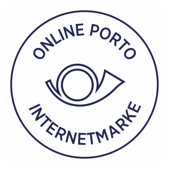 Het beeld toont een logo met de tekst 'ONLINE PORTO' en 'INTERNETMARKE', met een gestileerde afbeelding van een postvorm.