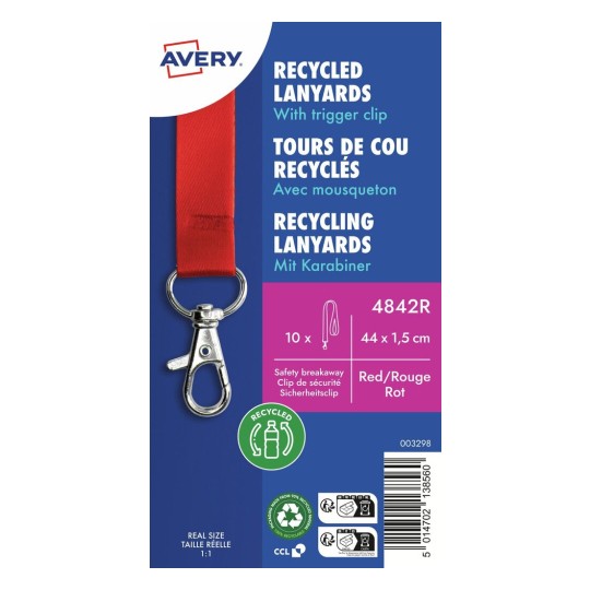 10 gerecyclede Lanyards van 100% gerecylced kunststof, rood 4842R Inhoud: 10 Lanyards