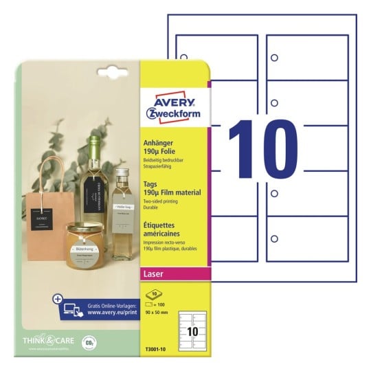 Hangkaartjes van stevige folie T3001-10 Inhoud: 100 Kaarten / 10 Vellen