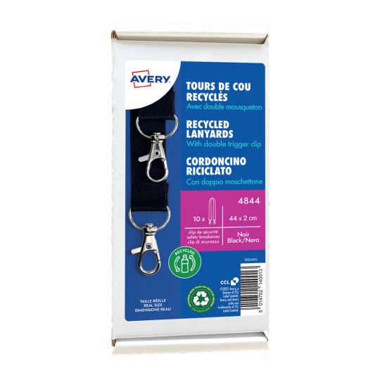 10 gerecyclede Lanyards van 100% gerecylced kunststof met dubbele karabijnhaak, zwart 4844 Inhoud: 10 Lanyards