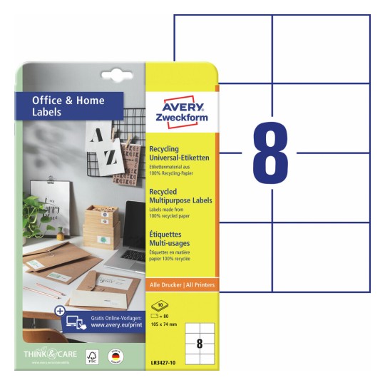Gerecyclede universele etiketten, 10 vel LR3427-10 Inhoud: 80 Etiketten / 10 Vellen