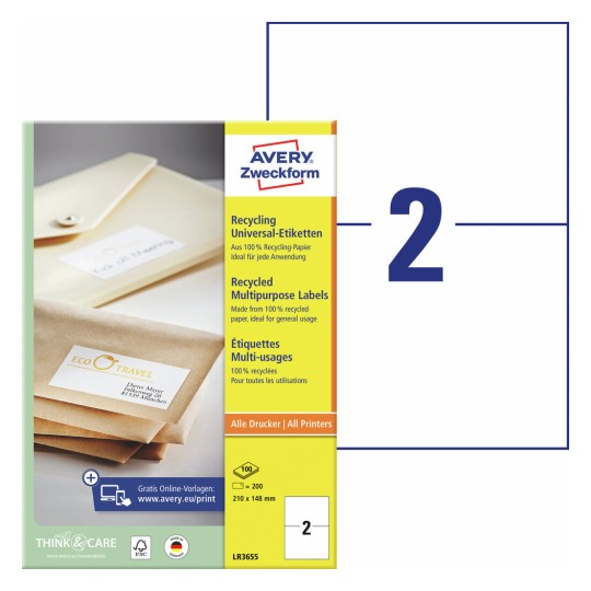 Gerecyclede universele etiketten LR3655 Inhoud: 200 Etiketten / 100 Vellen