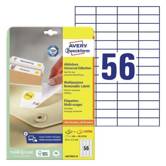 Afneembare universele etiketten L6027REV-25 Inhoud: 1.680 Etiketten / 25 Vellen