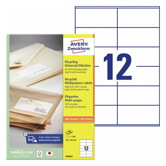 Gerecyclede universele etiketten LR3424 Inhoud: 1.200 Etiketten / 100 Vellen