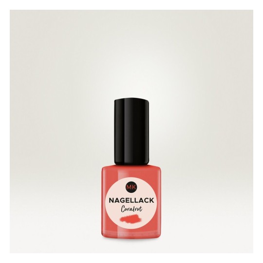 De afbeelding toont een flesje nagellak met de naam 'Nagellack Coralrot'. Het flesje is oranje-rood met een zwarte dop.