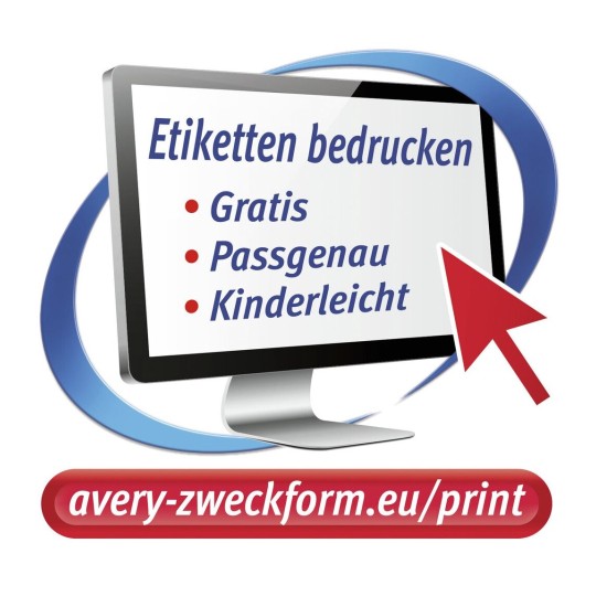 De afbeelding toont een computer met een afbeelding van een scherm waarop staat 'Etiketten bedrucken', met opsommingen van 'Gratis', 'Passgenau', en 'Kinderleicht'.