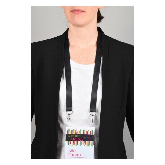 10 gerecyclede Lanyards van 100% gerecylced kunststof met dubbele karabijnhaak, zwart 4844 2 x 44 mm