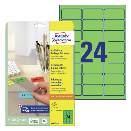 Gekleurde etiketten L6033-20 Inhoud: 480 Etiketten / 20 Vellen