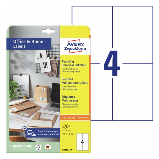 Gerecyclede universele etiketten, 10 vel LR3483-10 Inhoud: 40 Etiketten / 10 Vellen