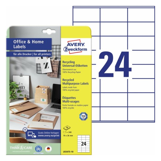Gerecyclede universele etiketten, 10 vel LR3475-10 Inhoud: 240 Etiketten / 10 Vellen