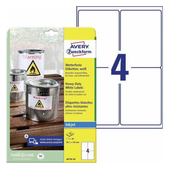 Weerbestendige etiketten J4774-10 Inhoud: 40 Etiketten / 10 Vellen