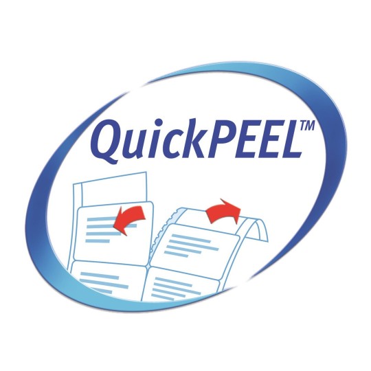 De afbeelding toont het logo van QuickPEEL, een product voor het eenvoudig verwijderen van etiketten of stickers.