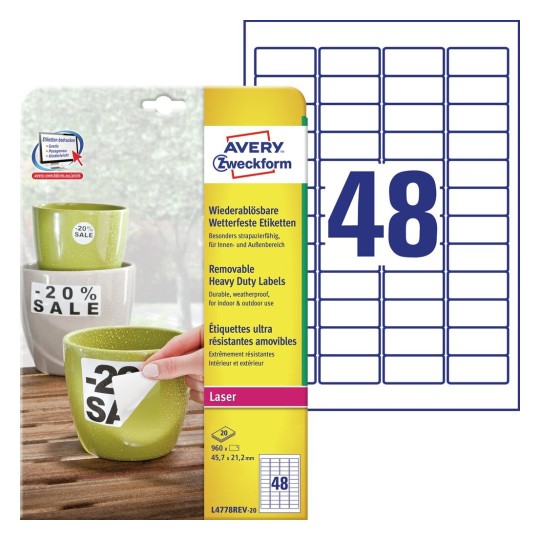 Weerbestendige etiketten L4778REV-20 Inhoud: 960 Etiketten / 20 Vellen
