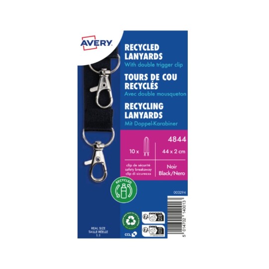 10 gerecyclede Lanyards van 100% gerecylced kunststof met dubbele karabijnhaak, zwart 4844 Inhoud: 10 Lanyards