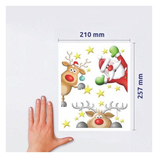 Raamfolie kerstman met rendieren 52953 Inhoud: 3 Etiketten / 1 Vel