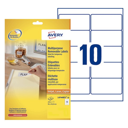 Afneembare etiketten L4744REV-25 Inhoud: 250 Etiketten / 25 Vellen