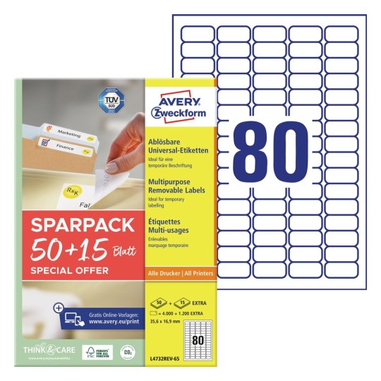Afneembare universele etiketten L4732REV-65 Inhoud: 5.200 Etiketten / 65 Vellen