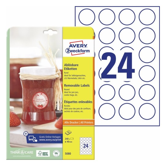 Afneembare ronde productetiketten 5080 Inhoud: 240 Etiketten / 10 Vellen
