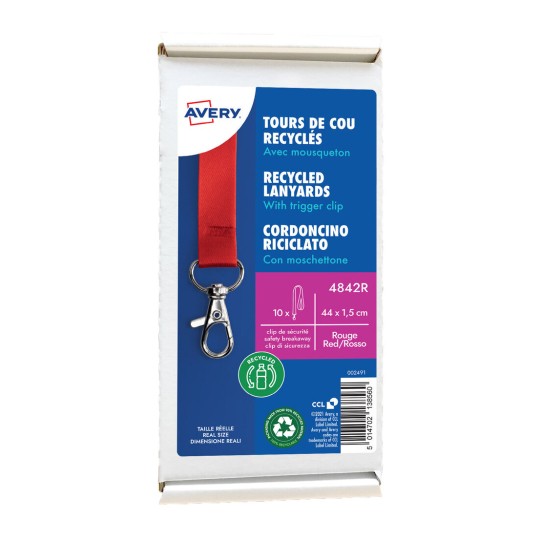 10 gerecyclede Lanyards van 100% gerecylced kunststof, rood 4842R Inhoud: 10 Lanyards