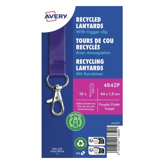 10 gerecyclede Lanyards van 100% gerecylced kunststof, paars 4842P Inhoud: 10 Lanyards