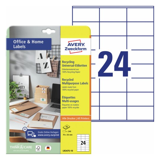 Gerecyclede universele etiketten, 10 vel LR3475-10 Inhoud: 240 Etiketten / 10 Vellen