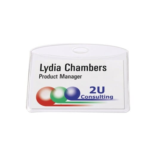 Het beeld toont een naamkaartje voor Lydia Chambers, Product Manager bij 2U Consulting. Het kaartje heeft kleurrijke cirkels en een professioneel ontwerp.