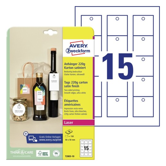 Hangkaartjes van ultra-wit karton T2003-10 Inhoud: 150 Kaarten / 10 Vellen