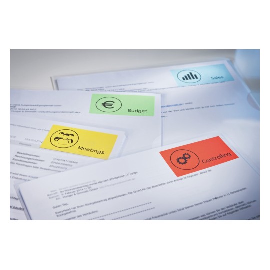 Dit is een afbeelding van documenten met gekleurde labels. De labels zijn 'Meetings', 'Budget', 'Sales' en 'Controlling'.