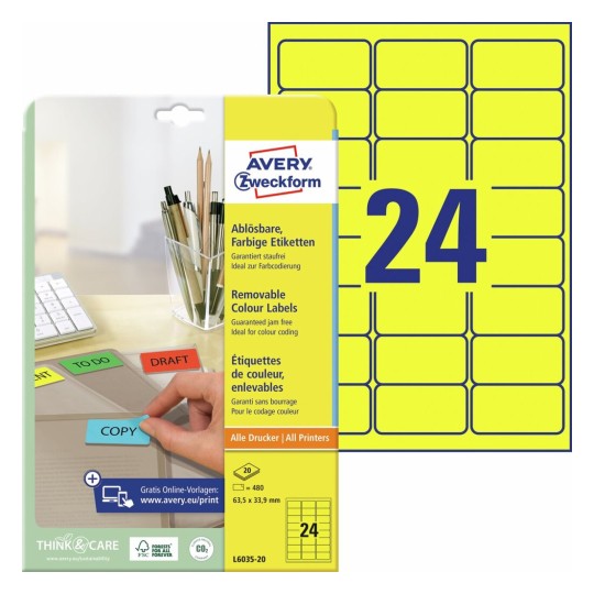 Gekleurde etiketten L6035-20 Inhoud: 480 Etiketten / 20 Vellen