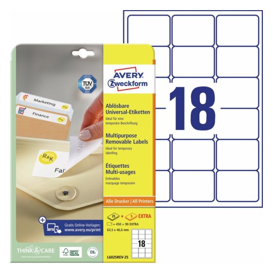 Afneembare universele etiketten L6025REV-25 Inhoud: 450 Etiketten / 25 Vellen