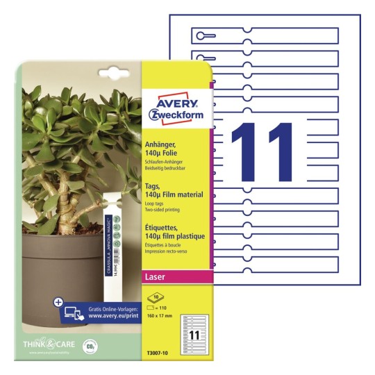 Hangkaartjes met lus van stevige folie T3007-10 Inhoud: 110 Kaarten / 10 Vellen