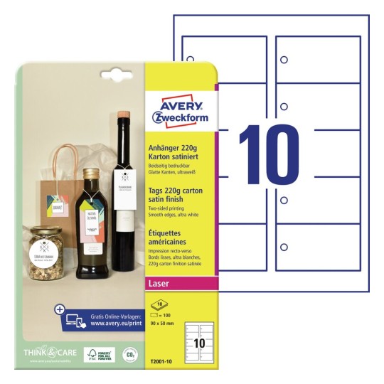 Hangkaartjes van ultra-wit karton T2001-10 Inhoud: 100 Kaarten / 10 Vellen