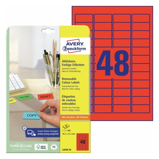 Gekleurde etiketten L6038-20 Inhoud: 960 Etiketten / 20 Vellen