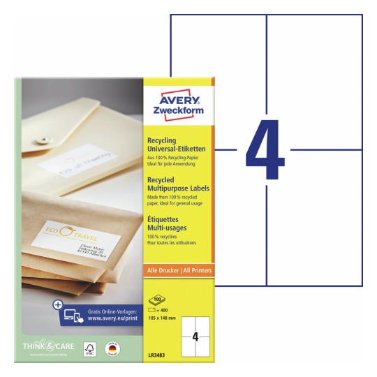 Gerecyclede universele etiketten LR3483 Inhoud: 400 Etiketten / 100 Vellen
