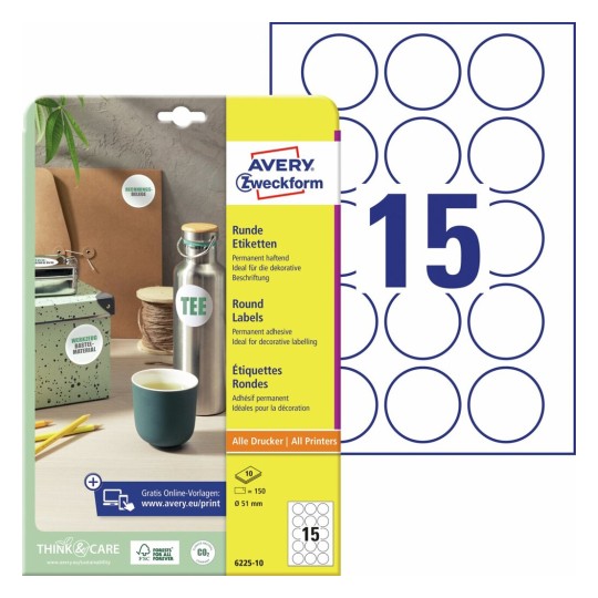 Ronde productetiketten 6225-10 Inhoud: 150 Etiketten / 10 Vellen