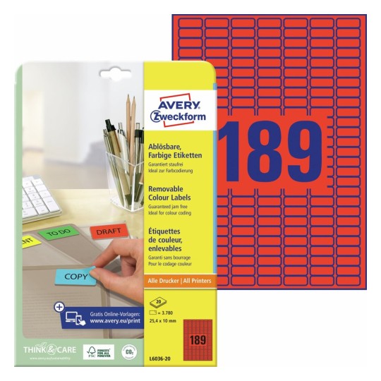 Gekleurde etiketten L6036-20 Inhoud: 3.780 Etiketten / 20 Vellen