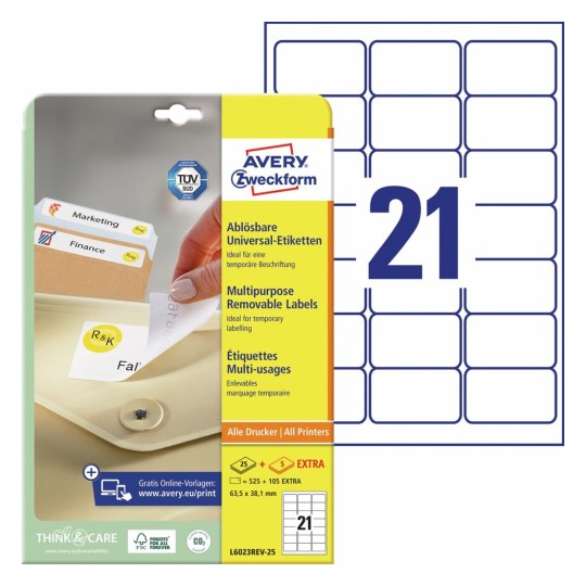 Afneembare etiketten L6023REV-25 Inhoud: 525 Etiketten / 25 Vellen