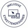 Het beeld toont een logo met de tekst 'Inklusive Etikettendesigner' omgeven door pictogrammen van een computer en een smartphone.