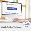 De afbeelding toont een computerscherm met de boodschap 'Design & Print' en een link naar de Avery-website voor online ontwerpen. Er is een hand zichtbaar die een toetsenbord aanraakt. Onderaan staat 'Gratis Online-Vorlagen'.