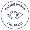 Het beeld toont een logo met de tekst 'ONLINE PORTO' en 'DHL PAKET' in een cirkelvormige opmaak.
