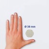 De afbeelding toont een hand met een diameter van een cirkel van 38 mm naast de hand.