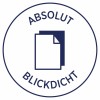 De afbeelding toont een logo met de tekst 'ABSOLUT BLICKDICHT' rond een afbeelding van een stapel papieren.