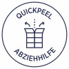 De afbeelding toont een logo met de tekst 'QuickPeel' en 'Abziehhilfe', met een pictogram van een object dat gemakkelijk kan worden afgepeld.