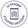 Het beeld toont een logo met de tekst 'ULTRAGRIP STAUFREI DRUCKEN' en een grafisch symbool in het midden.