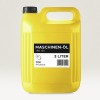 Dit is een gele jerrycan met een label dat 'MASCHINEN-ÖL' en andere informatie bevat, zoals het volume van 3 liter.
