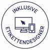 Deze afbeelding toont een logo met de tekst 'Inclusieve Etikettendesigner', omringd door een cirkel. In het midden staat een computer en een smartphone, met een pijl dat een aanwijzende cursor vertegenwoordigt.