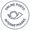 Het beeld toont een logo met de tekst 'ONLINE PORTO' en 'INTERNETMARKE', met een gestileerde afbeelding van een postvorm.
