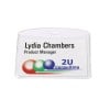 Het beeld toont een naamkaartje voor Lydia Chambers, Product Manager bij 2U Consulting. Het kaartje heeft kleurrijke cirkels en een professioneel ontwerp.